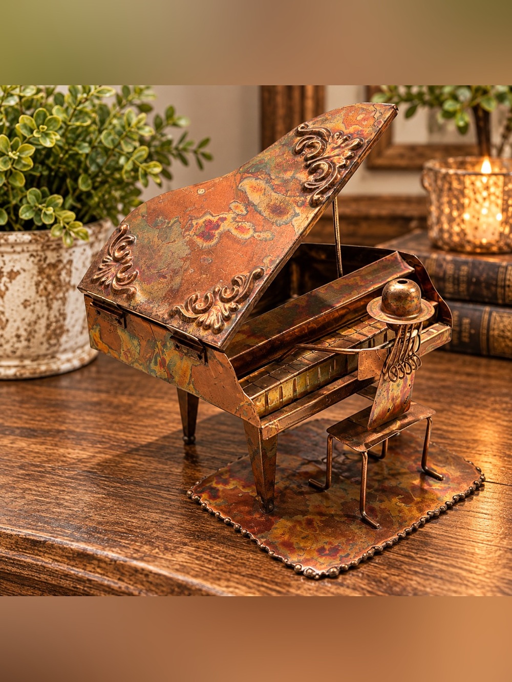 Vintage Metal Piano Player Figurine Wind-Up Music Box Hong Kong